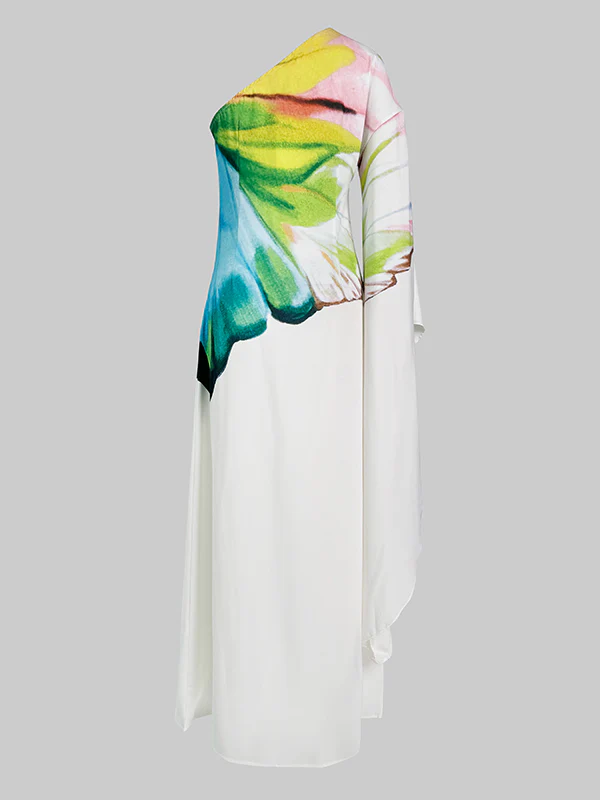 Long Sleeves Loose Asymmetric Flower Print One-Shoulder Maxi Dresses - Image 10