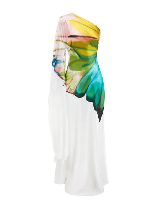 Long Sleeves Loose Asymmetric Flower Print One-Shoulder Maxi Dresses - Image 12