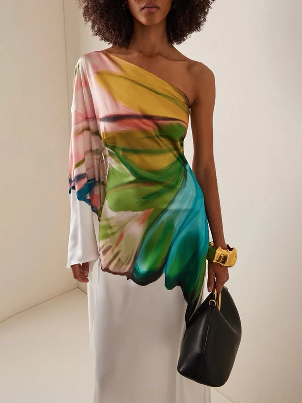 Long Sleeves Loose Asymmetric Flower Print One-Shoulder Maxi Dresses - Image 2