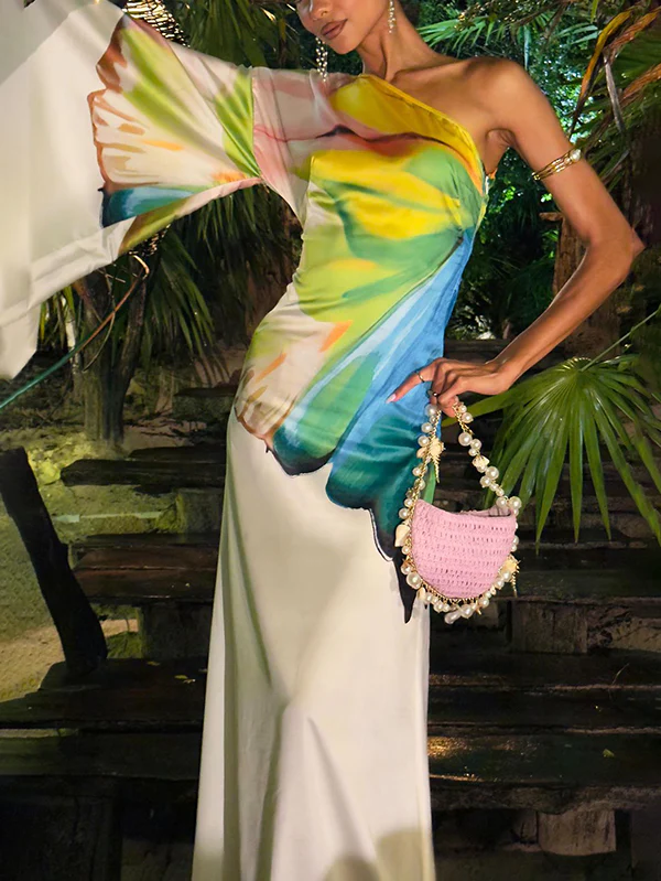 Long Sleeves Loose Asymmetric Flower Print One-Shoulder Maxi Dresses - Image 3