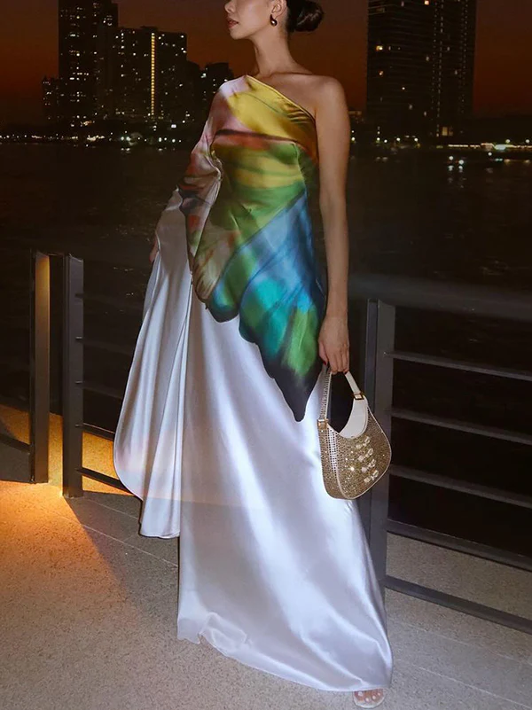 Long Sleeves Loose Asymmetric Flower Print One-Shoulder Maxi Dresses - Image 4