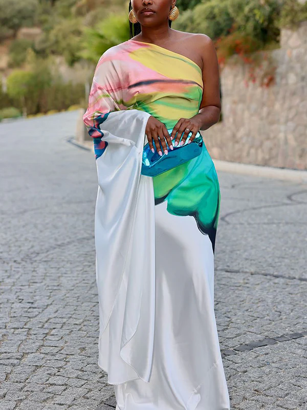 Long Sleeves Loose Asymmetric Flower Print One-Shoulder Maxi Dresses - Image 5