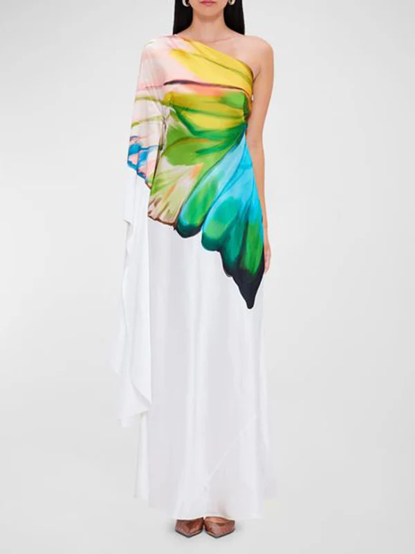 Long Sleeves Loose Asymmetric Flower Print One-Shoulder Maxi Dresses - Image 7