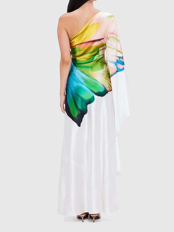 Long Sleeves Loose Asymmetric Flower Print One-Shoulder Maxi Dresses - Image 8