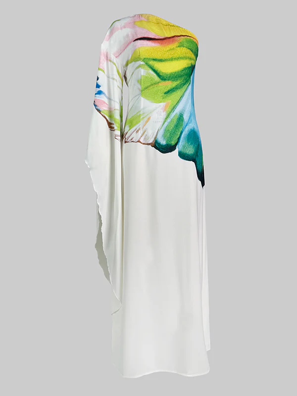 Long Sleeves Loose Asymmetric Flower Print One-Shoulder Maxi Dresses - Image 9
