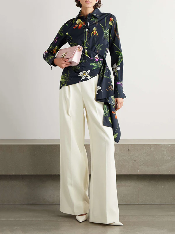 Long Sleeves Loose Asymmetric Flower Print Split-Joint Lapel Blouses&Shirts Tops - Image 2