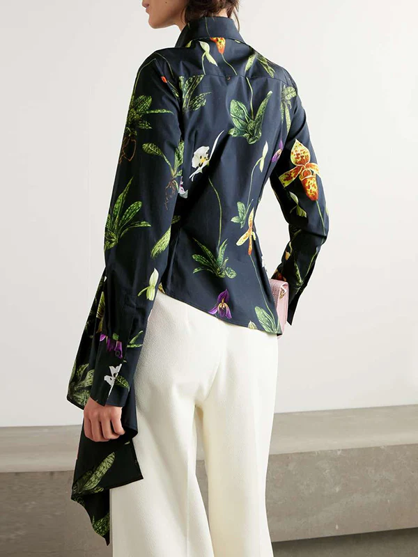 Long Sleeves Loose Asymmetric Flower Print Split-Joint Lapel Blouses&Shirts Tops - Image 3
