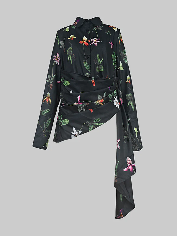 Long Sleeves Loose Asymmetric Flower Print Split-Joint Lapel Blouses&Shirts Tops - Image 4