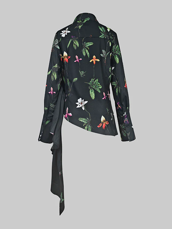 Long Sleeves Loose Asymmetric Flower Print Split-Joint Lapel Blouses&Shirts Tops - Image 5