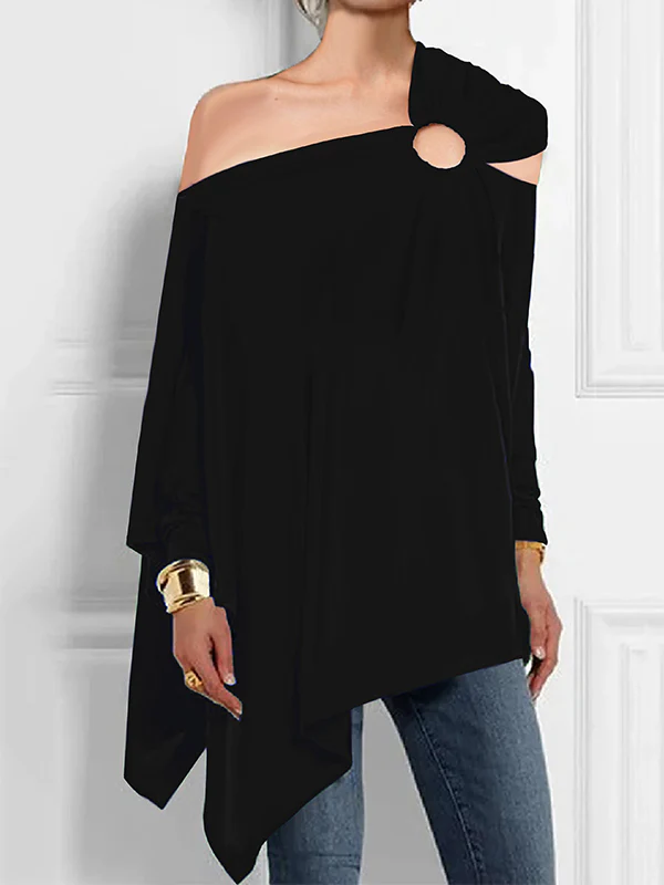 Long Sleeves Loose Asymmetric Hollow Solid Color Asymmetric Collar T-Shirts Tops - Image 2