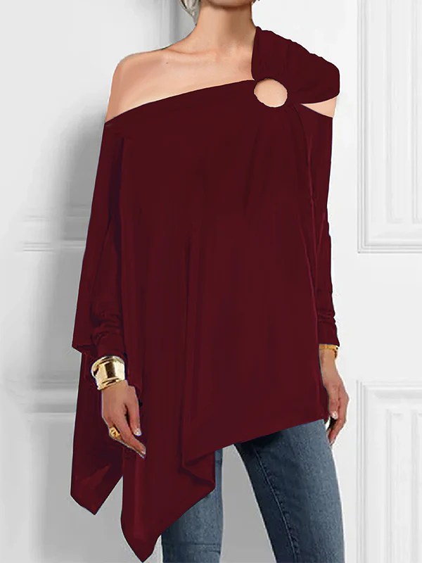 Long Sleeves Loose Asymmetric Hollow Solid Color Asymmetric Collar T-Shirts Tops - Image 3