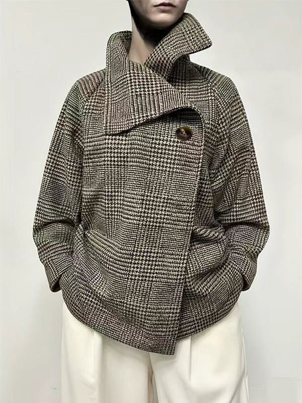 Long Sleeves Loose Asymmetric Houndstooth Plaid Stand Collar Jackets Outerwear - Image 2