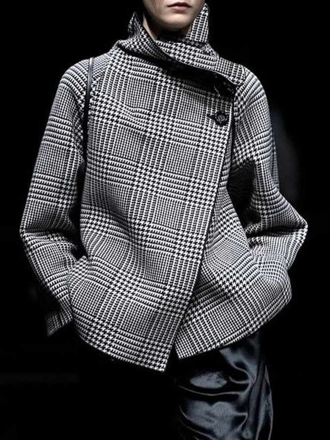 Long Sleeves Loose Asymmetric Houndstooth Plaid Stand Collar Jackets Outerwear - Image 3