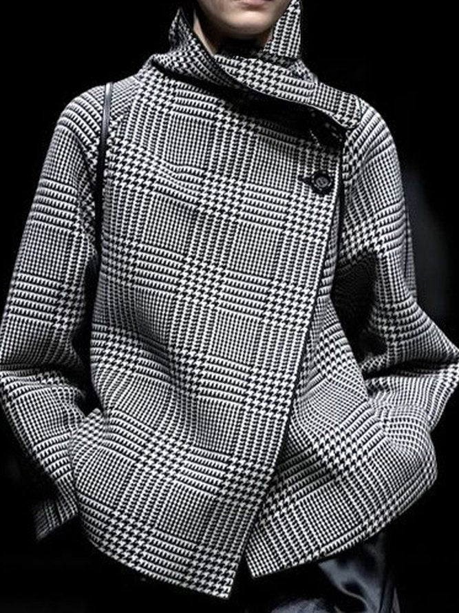 Long Sleeves Loose Asymmetric Houndstooth Plaid Stand Collar Jackets Outerwear - Image 4