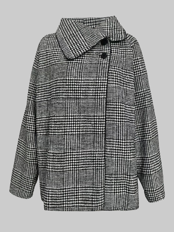 Long Sleeves Loose Asymmetric Houndstooth Plaid Stand Collar Jackets Outerwear - Image 5