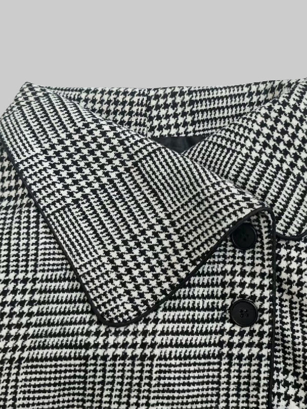 Long Sleeves Loose Asymmetric Houndstooth Plaid Stand Collar Jackets Outerwear - Image 7
