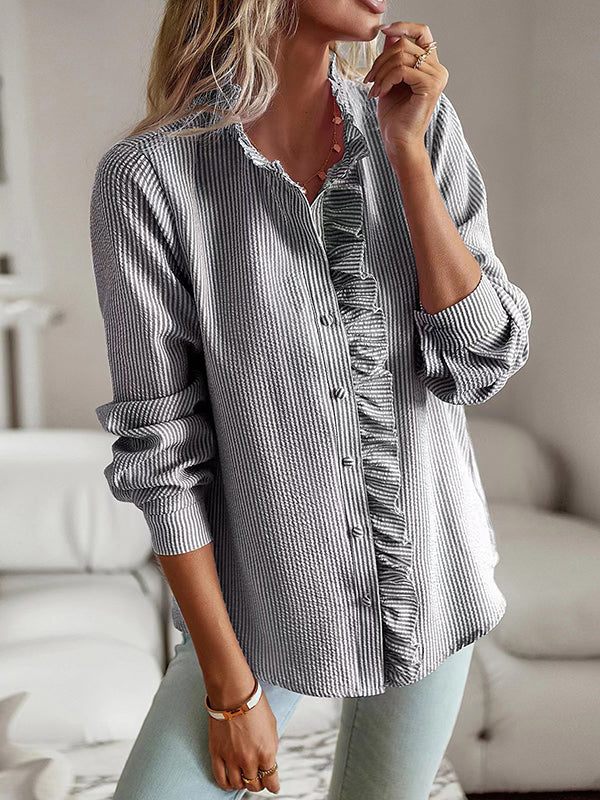Long Sleeves Loose Asymmetric Pleated Ruffled Split-Joint Striped Stand Collar Blouses&Shirts Tops - Image 2