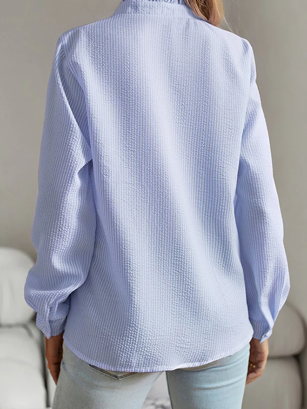 Long Sleeves Loose Asymmetric Pleated Ruffled Split-Joint Striped Stand Collar Blouses&Shirts Tops - Image 8