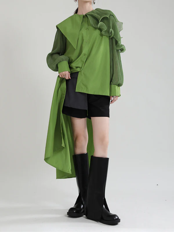 Long Sleeves Loose Asymmetric Pleated Solid Color Split-Joint Falbala Lapel Blouses&Shirts Tops - Image 10