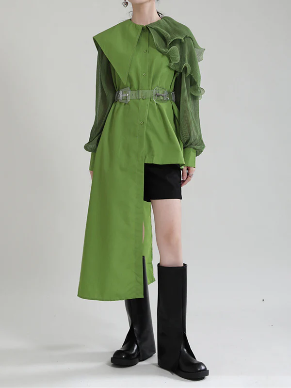 Long Sleeves Loose Asymmetric Pleated Solid Color Split-Joint Falbala Lapel Blouses&Shirts Tops - Image 11