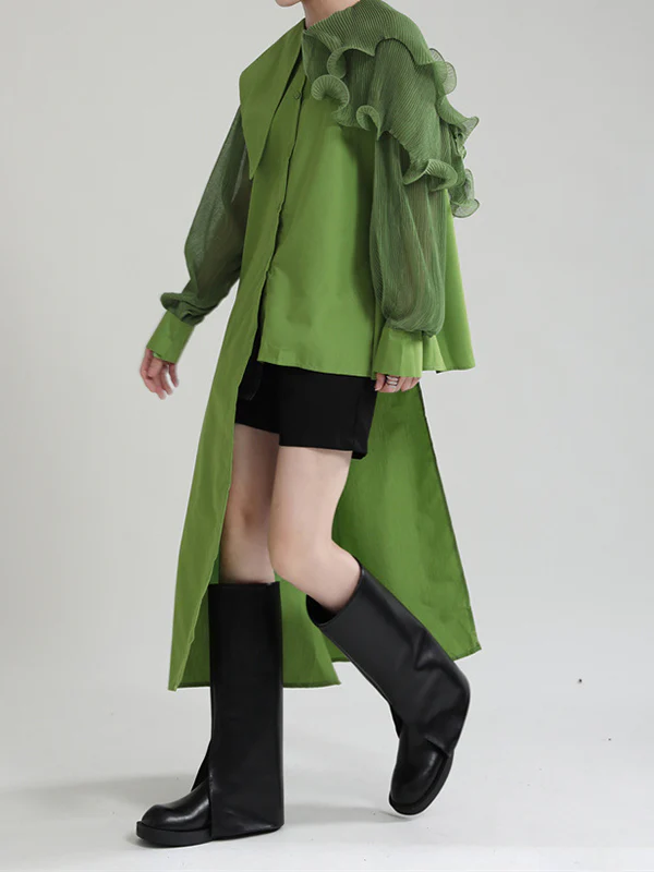Long Sleeves Loose Asymmetric Pleated Solid Color Split-Joint Falbala Lapel Blouses&Shirts Tops - Image 12