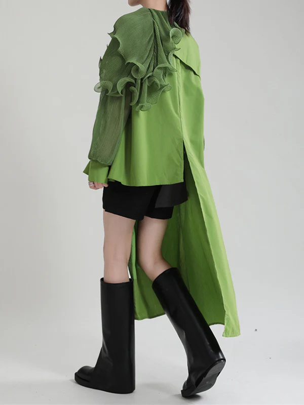 Long Sleeves Loose Asymmetric Pleated Solid Color Split-Joint Falbala Lapel Blouses&Shirts Tops - Image 13