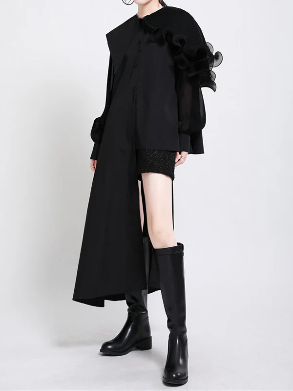 Long Sleeves Loose Asymmetric Pleated Solid Color Split-Joint Falbala Lapel Blouses&Shirts Tops - Image 15
