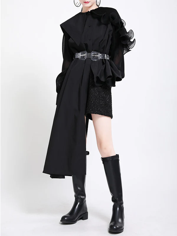 Long Sleeves Loose Asymmetric Pleated Solid Color Split-Joint Falbala Lapel Blouses&Shirts Tops - Image 16