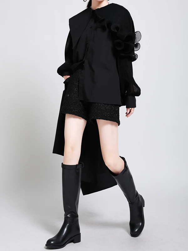 Long Sleeves Loose Asymmetric Pleated Solid Color Split-Joint Falbala Lapel Blouses&Shirts Tops - Image 17