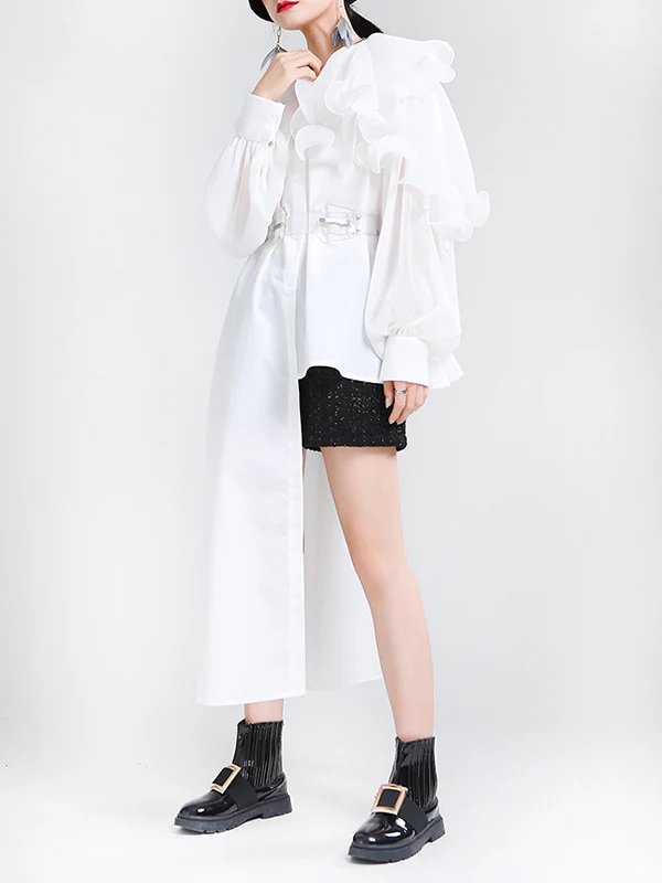Long Sleeves Loose Asymmetric Pleated Solid Color Split-Joint Falbala Lapel Blouses&Shirts Tops - Image 18