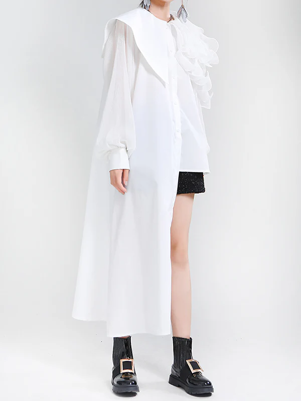 Long Sleeves Loose Asymmetric Pleated Solid Color Split-Joint Falbala Lapel Blouses&Shirts Tops - Image 19