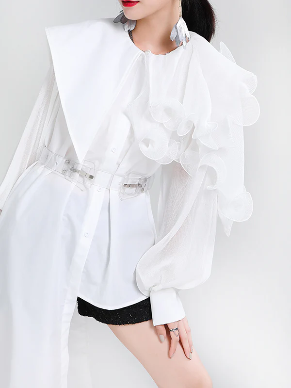 Long Sleeves Loose Asymmetric Pleated Solid Color Split-Joint Falbala Lapel Blouses&Shirts Tops - Image 2