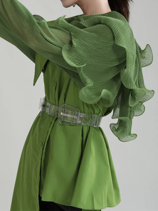 Long Sleeves Loose Asymmetric Pleated Solid Color Split-Joint Falbala Lapel Blouses&Shirts Tops - Image 3