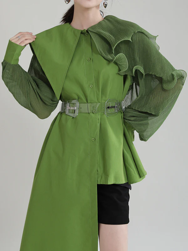 Long Sleeves Loose Asymmetric Pleated Solid Color Split-Joint Falbala Lapel Blouses&Shirts Tops - Image 4
