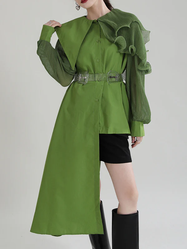 Long Sleeves Loose Asymmetric Pleated Solid Color Split-Joint Falbala Lapel Blouses&Shirts Tops - Image 5
