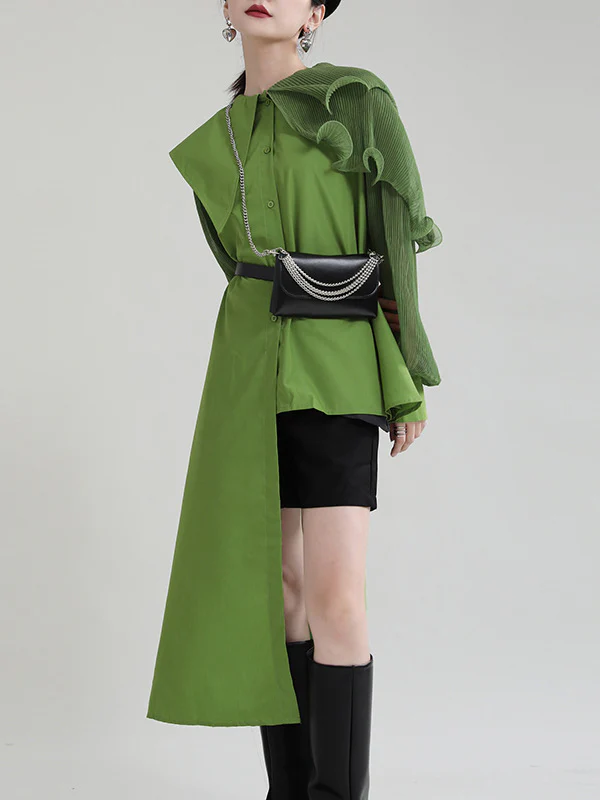 Long Sleeves Loose Asymmetric Pleated Solid Color Split-Joint Falbala Lapel Blouses&Shirts Tops - Image 6