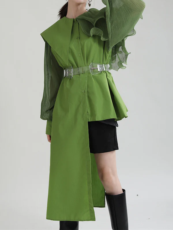 Long Sleeves Loose Asymmetric Pleated Solid Color Split-Joint Falbala Lapel Blouses&Shirts Tops - Image 7
