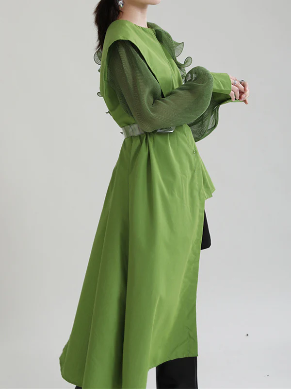 Long Sleeves Loose Asymmetric Pleated Solid Color Split-Joint Falbala Lapel Blouses&Shirts Tops - Image 8
