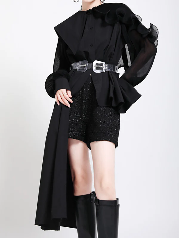 Long Sleeves Loose Asymmetric Pleated Solid Color Split-Joint Falbala Lapel Blouses&Shirts Tops - Image 9