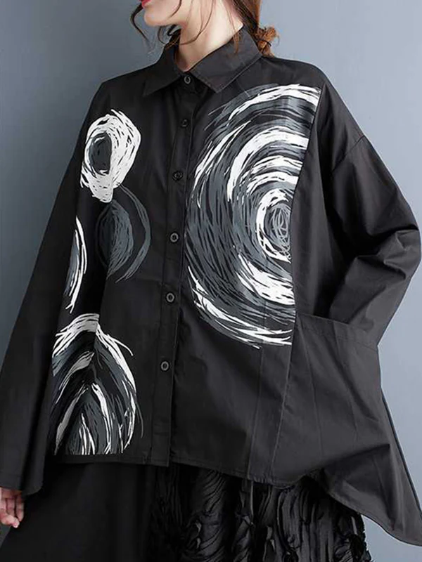 Long Sleeves Loose Asymmetric Printed Split-Joint Lapel Blouses - Image 2