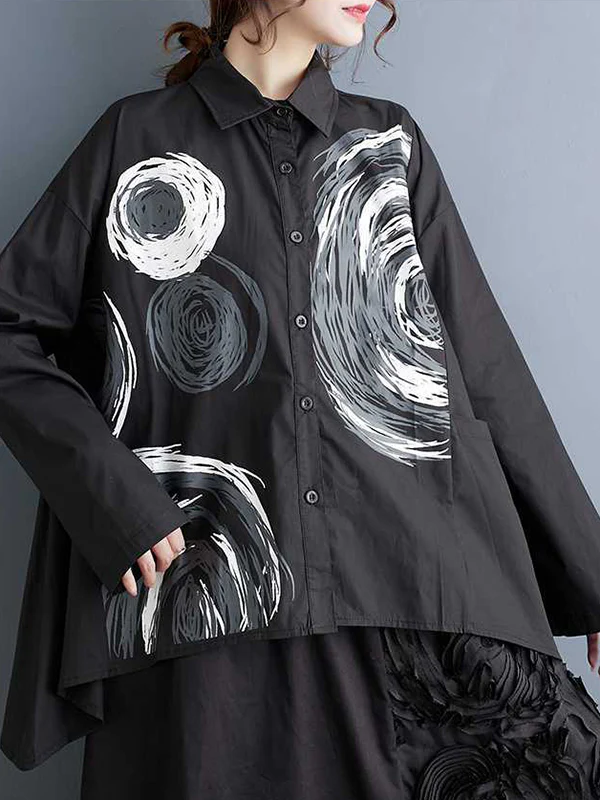 Long Sleeves Loose Asymmetric Printed Split-Joint Lapel Blouses - Image 3