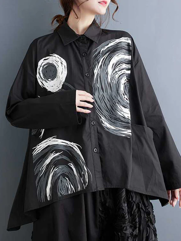 Long Sleeves Loose Asymmetric Printed Split-Joint Lapel Blouses - Image 4