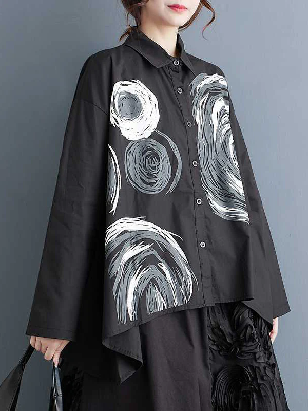 Long Sleeves Loose Asymmetric Printed Split-Joint Lapel Blouses - Image 5