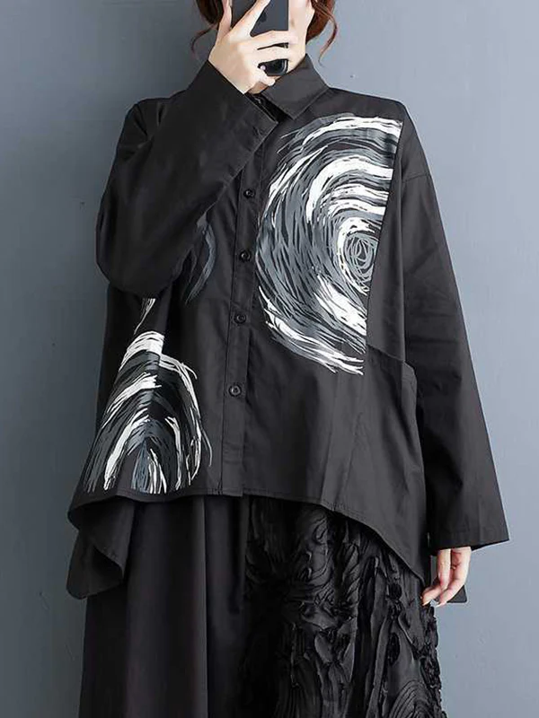 Long Sleeves Loose Asymmetric Printed Split-Joint Lapel Blouses - Image 6