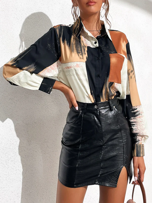 Long Sleeves Loose Asymmetric Printed Split-Joint Lapel Blouses&Shirts Tops - Image 2