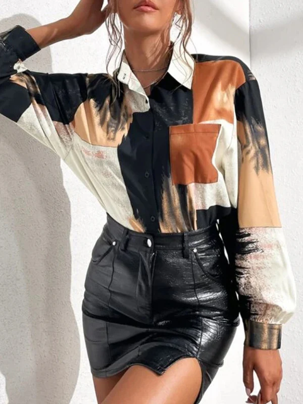 Long Sleeves Loose Asymmetric Printed Split-Joint Lapel Blouses&Shirts Tops - Image 4