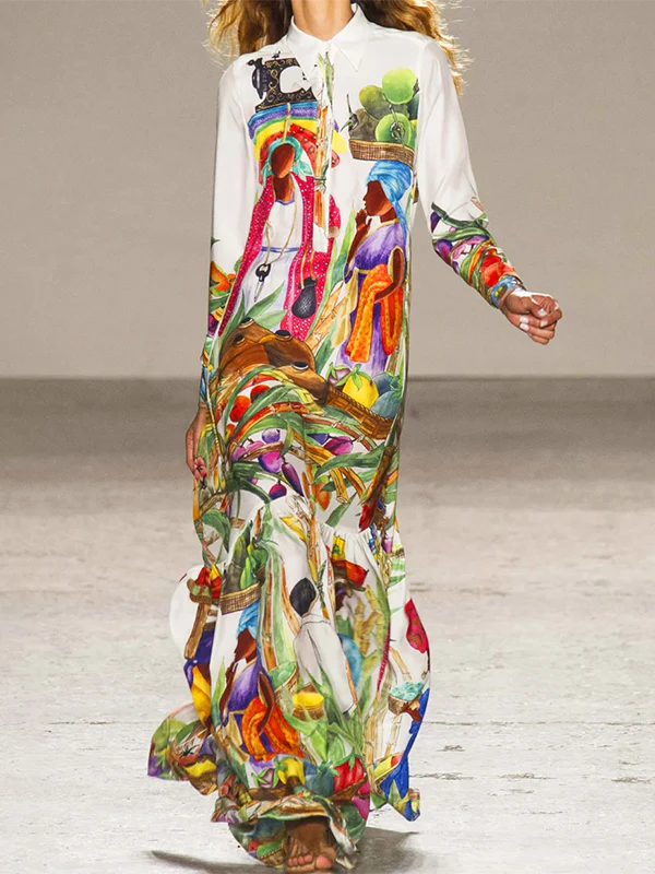 Long Sleeves Loose Asymmetric Printed Split-Joint Lapel Maxi Dresses Shirt Dress