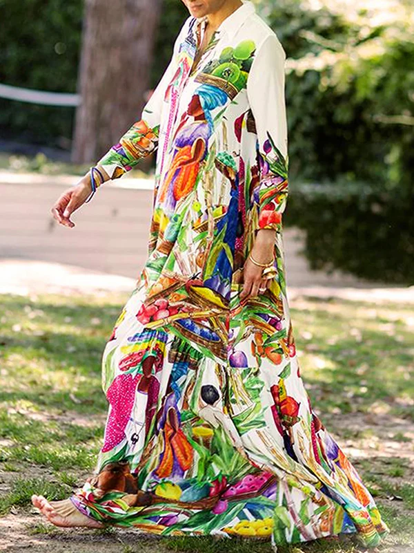 Long Sleeves Loose Asymmetric Printed Split-Joint Lapel Maxi Dresses Shirt Dress - Image 2