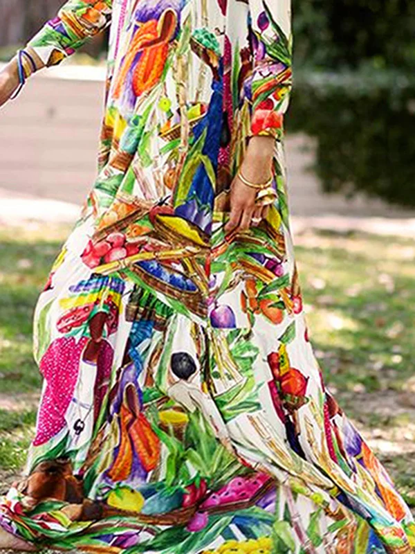Long Sleeves Loose Asymmetric Printed Split-Joint Lapel Maxi Dresses Shirt Dress - Image 3