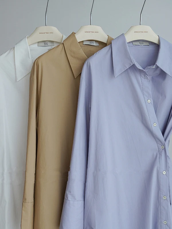 Long Sleeves Loose Asymmetric Solid Color Lapel Shirt Dress - Image 10